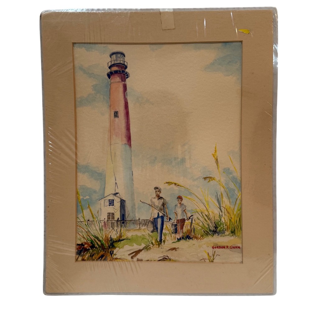 Gordon R. Green Original Watercolor Barnegat Lighthouse Signed Coastal Painting